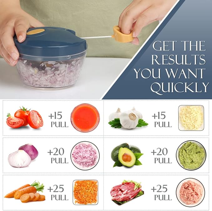 Ourokhome Manual Food Processor Vegetable Chopper, Portable Hand Pull String Garlic Mincer Onion Cutter for Veggies, Ginger, Fruits, Nuts, Herbs, etc., 500ml, Deep Blue