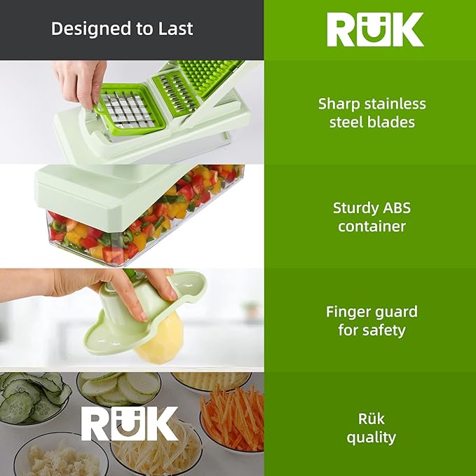 RüK 10-in-1 Vegetable Chopper – 6 Blade Veggie Chopper with Container, Food Dicer, Onion Cutter, Cheese Grater, Mandoline Slicer, Kitchen Gadgets & Home Essentials (Green)