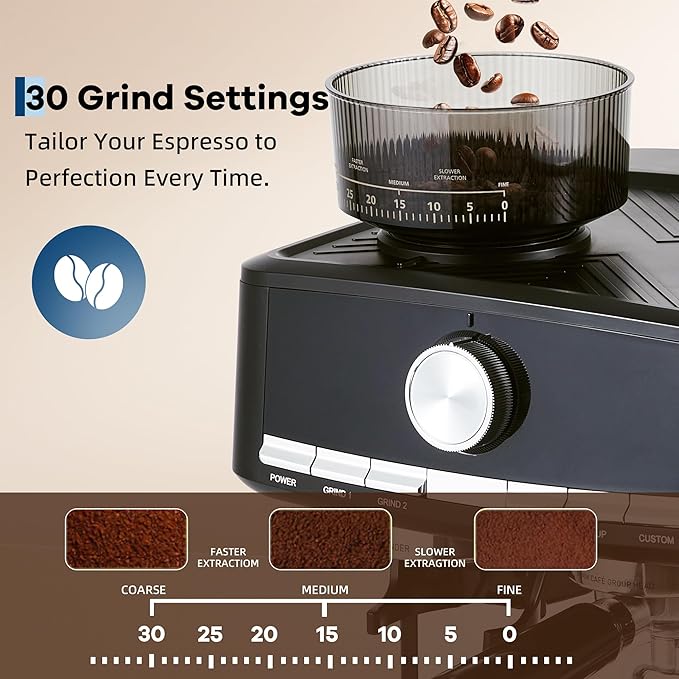 Garvee 20 Bar Pressure Espresso Machine with Grinder, 1.5L Removable Water Tank, Milk Frother Steam Wand for Latte/Cappuccino (BLACK,20Bar,With Grinder)