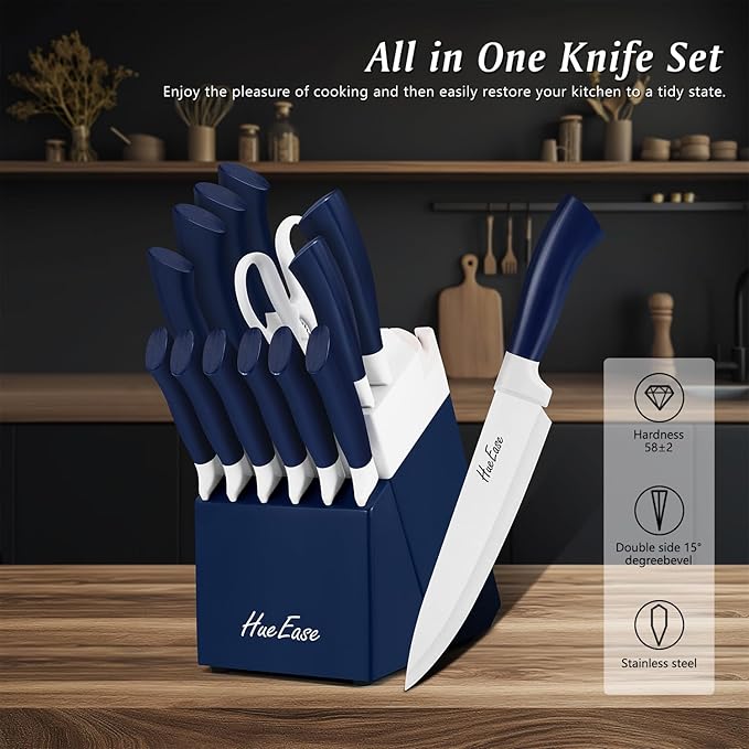 Kitchen Knife Set with Block and Build-In Sharpener,14-Piece German High Carbon Stainless Steel Knives Sharp Blade, Dishwasher Safe (14pcs-blue with white ceramic coating)