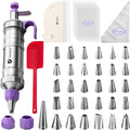 Dessert Decorating Syringe Set icing piping kit Stainless Steel frosting piping kit with 31 professional piping tips 50 disposable piping bags 1 silicone spatula 1 set of soft cake scrapers, Purple