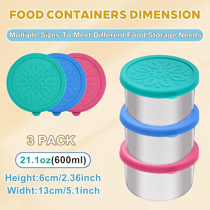 Cmonie 3Pack Stainless Steel Containers with Lids,10/20/33 oz Easy Open Leak Proof Metal Snack Containers,Food Storage Bento Box for Snacks, Fruits (3Pcs-20 oz)