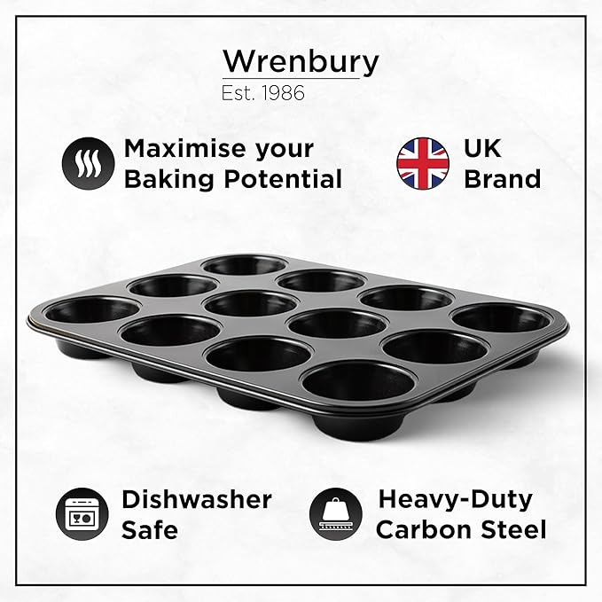 Wrenbury Non Stick Muffin Pan for Baking 12 Cup - Non Toxic Deep Cupcake and Yorkshire Pudding Tin - Even Bakes, Easy Clean, Warp Resistant - 3" Cup