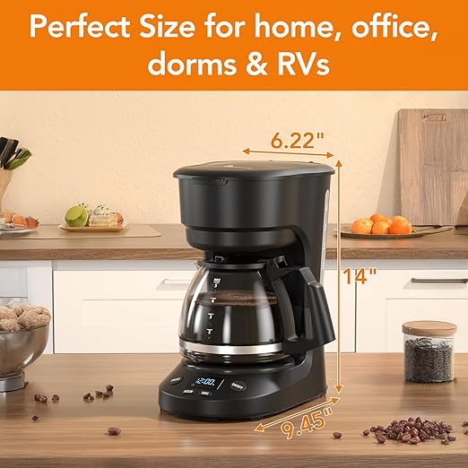 Compact 5-Cup Programmable Drip Coffee Maker — the essential coffee machine with Digital Clock, 24-hour Timer, Auto Shut-Off, and a Removable Filter Basket for Home & Office.