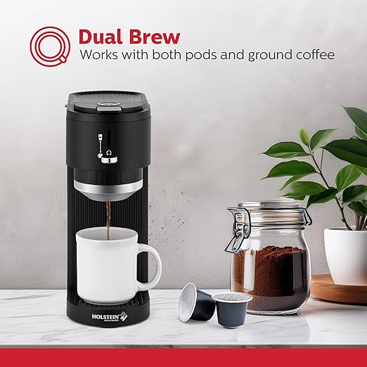Holstein Housewares 2-in-1 Single Serve Coffee Maker, Dual Brew, Compatible with K-Cup Pods & Ground Coffee, Reusable Filter Included, Compact Drip Coffee Machine, 14oz Tank, Fits Most Cups - Black