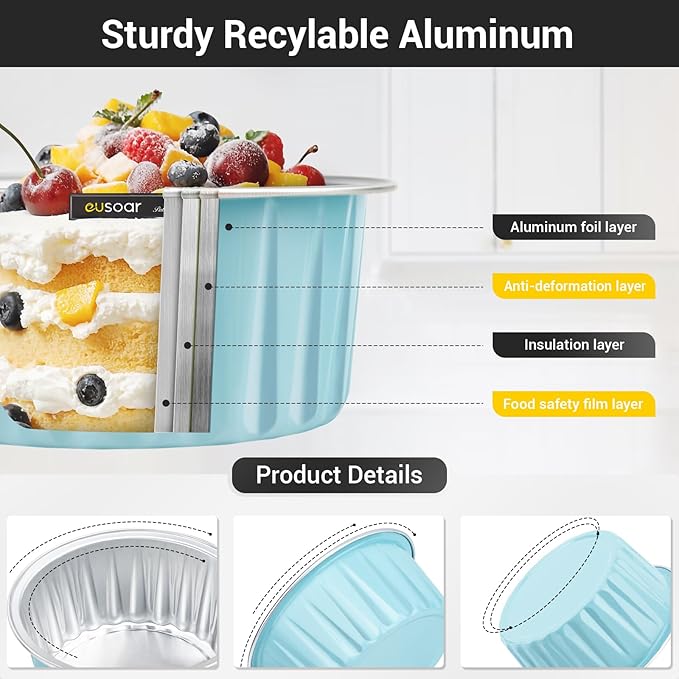 EUSOAR Cake Baking Cups, 100pcs 5oz 125ml Muffin Liners With Lids, Disposable Aluminum Ramekins, Cupcake Liners, Foil Pudding Cups Holders Pans