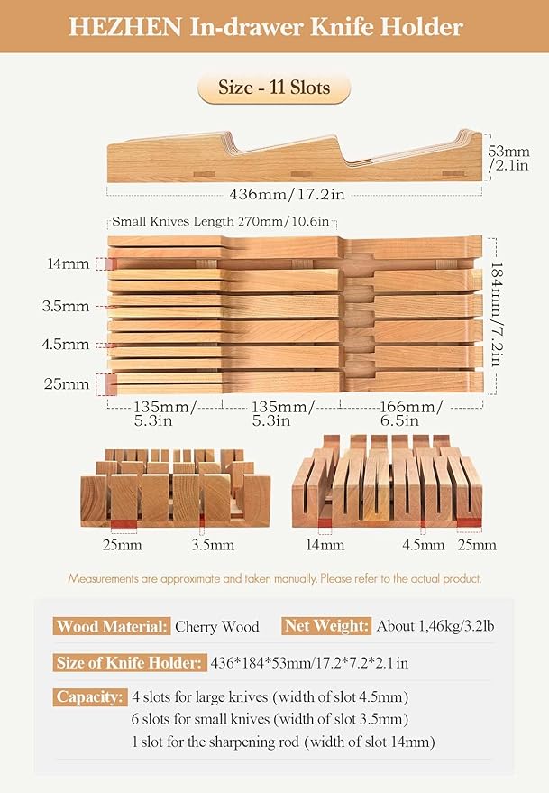 HEZHEN 11-slots Cherry Wood In-drawer Knife Tray,Knife Holder, Knife Block without Knives, Fit for 10 Knives and 1 sharpening rod