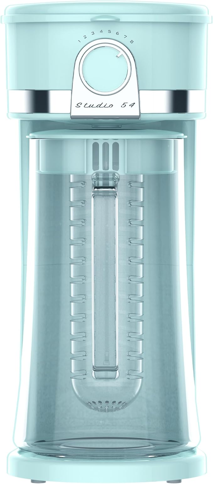 Studio 54 Retro Iced Tea Maker with Infuser, 3QT Glass Pitcher Electric Tea and Coffee Brewer, Adjustable Strength Cold Brew Maker for Iced Coffee, Iced Lattes, Sweet Tea & Fruit Infusions