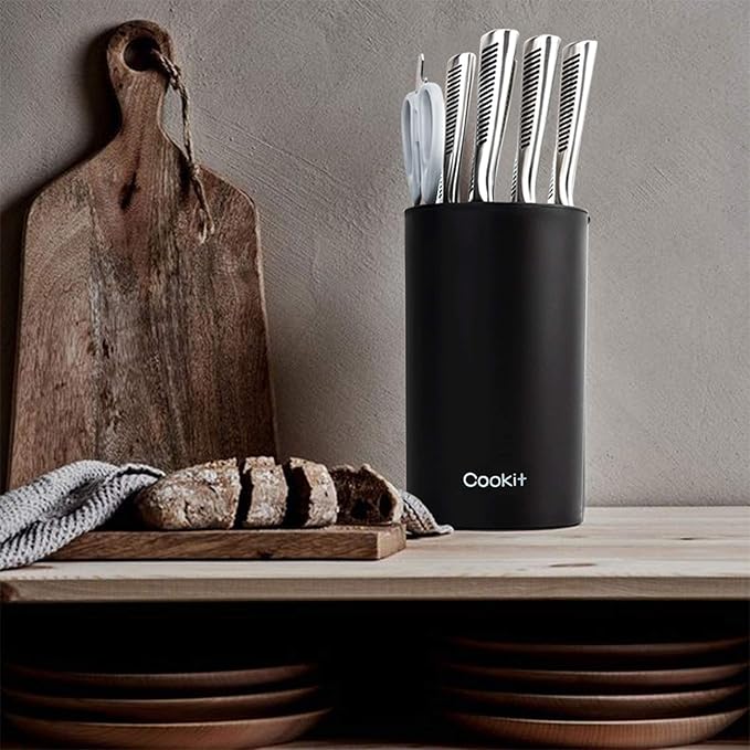 Knife Block Without Knives, Cookit Universal Round Knife Block Only, Detachable Knife Holder for Easy Cleaning, Space Saver Knife Storage Holder with Scissors Slot, Black