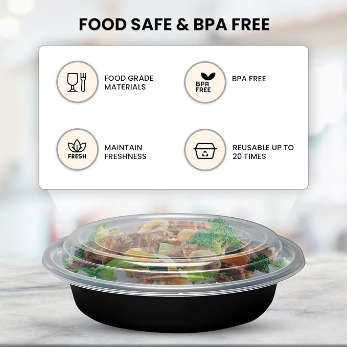 Klex 24 Oz, 50 Sets Meal Prep Containers with Airtight Lids, BPA Free, Reusable Plastic Food Container, 24 oz, Round, Black/Clear, 50 Sets