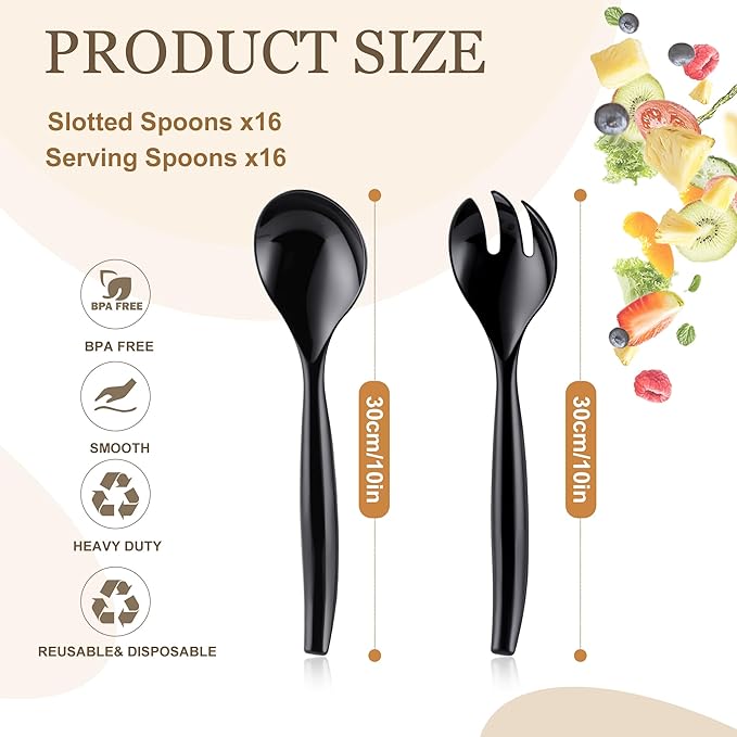 Mwellewm 32Pcs Serving Spoons 10'' Large Plastic Serving Utensils Set Slotted Disposable Serving Forks Heavy Duty Black Party Supplies for Buffet Restaurant Dinner Salad Noodles Soup