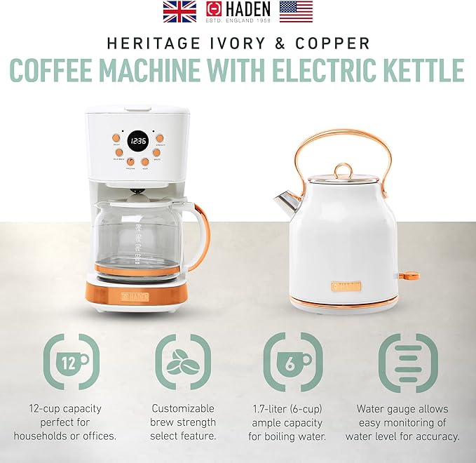 HADEN Coffee Machine, 12 Cup Drip Coffee Maker Bundled with Heritage 1.7 Liter Stainless Steel Electric Kettle, Ivory & Copper