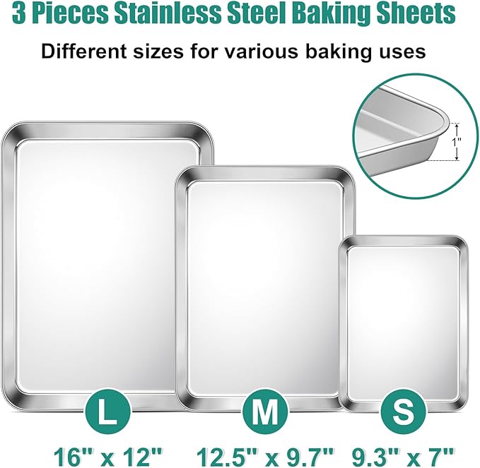 TeamFar Baking Sheet Set of 3, 16/12.5/9.3 Inch Stainless Steel Cookie Sheets Baking Pans, Metal Oven Baking Tray for Cooking Roasting Serving, Non-Toxic & Mirror Finish & Dishwasher Safe