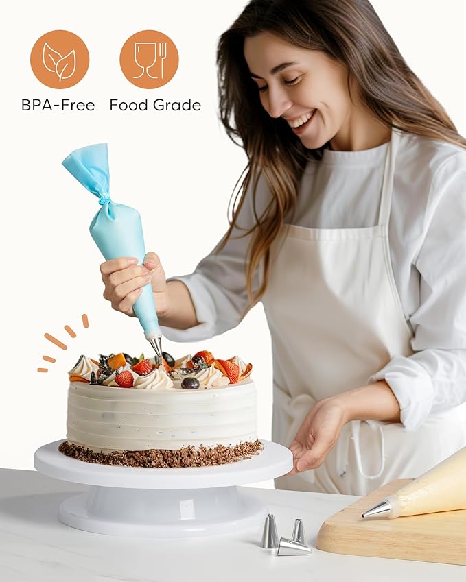 Kootek 71PCs Cake Decorating Kit, Baking Supplies Tools - Includes Cake Stand Turntable, 12 Icing Piping Tips Set, 2 Frosting Spatulas, 3 Scrapers, 50+2 Piping Bags, Coupler, Video Tutorial, Booklet