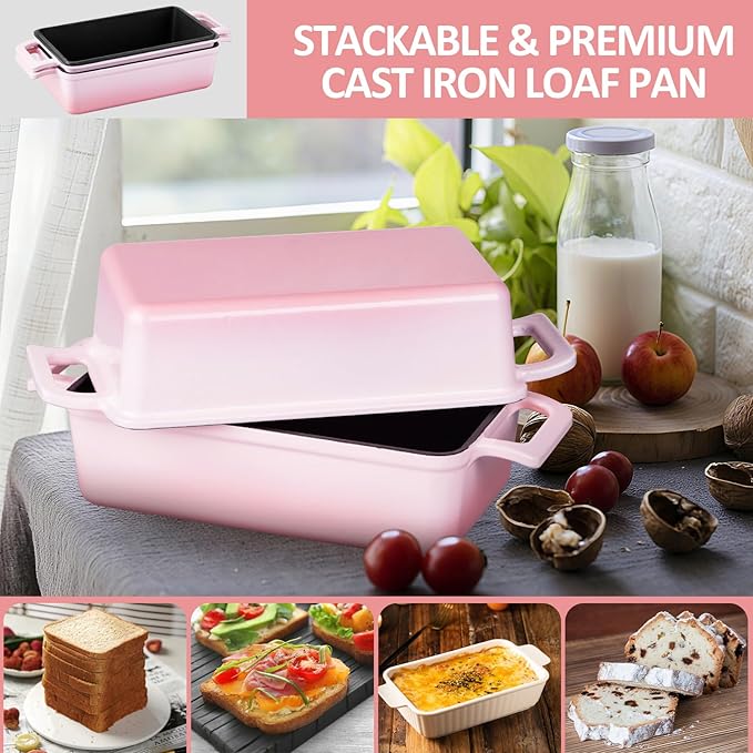 2-in-1 Cast Iron Bread Pan with Lid, Leonyo Enameled Cast Iron Loaf Pan, 9 x 6 inch Sourdough Baking Pan, Homemade Bread Dutch Oven for Pound Cake, Lasagna, Up to 500℉ & Pink
