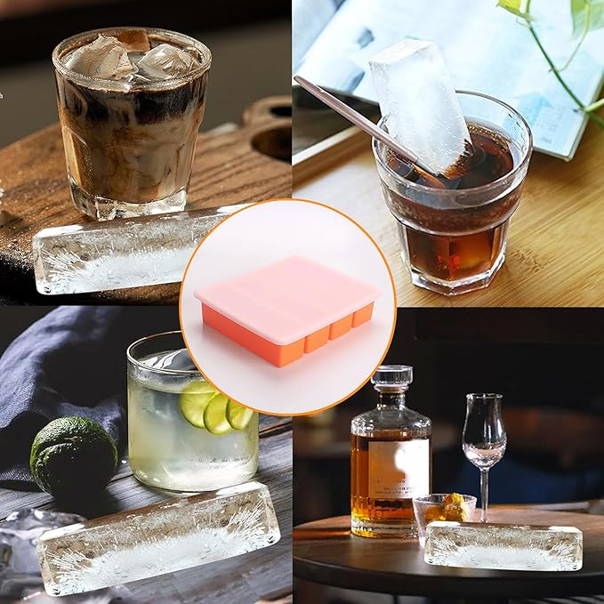Large and Long Ice Cube Tray 4 Pack Silicone Freezing Container Sticks with Lid for Whiskey, Water Bottle, Food Leftovers and Baking(Orange)