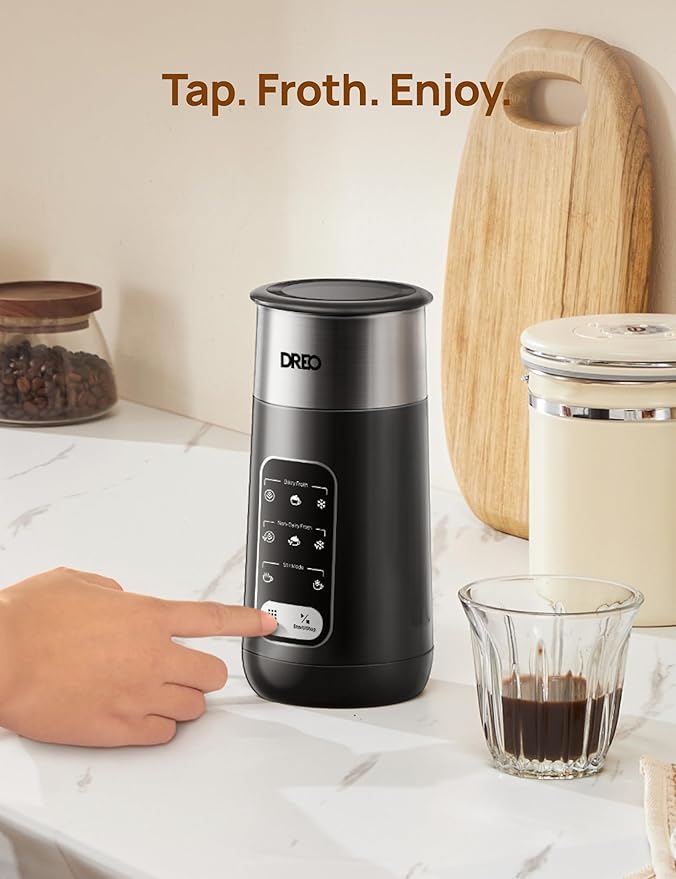 DREO 8-in-1 Milk Frother, Electric Stainless Steel Frother for Latte Art Microfoam and Coffee, 9oz/270ml Warm and Cold Foam Automatic Frothers, LED, Easy to Clean