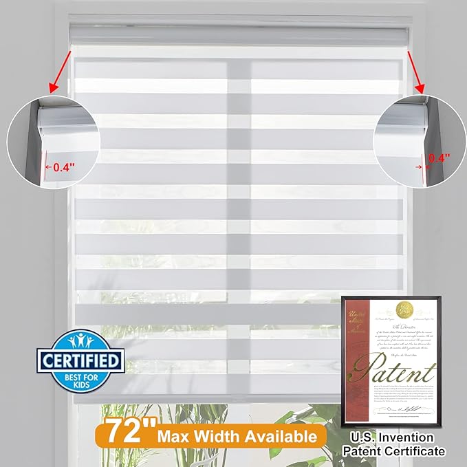 Persilux Cordless Zebra Blinds for Windows (47" W X 64" H, White) Free-Stop Dual Layer Roller Windows Shades for Day and Night, Light Filtering Sheer Shades for Home, Bedroom, Easy to Install