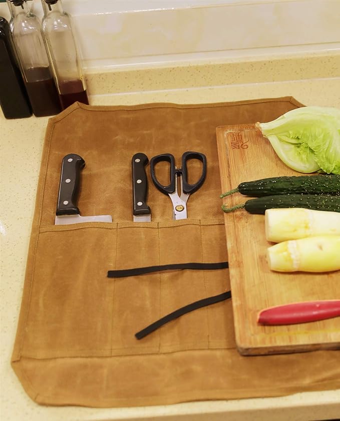 Denifiter Knife Cases Organizer-Durable 16OZ Waxed Canvas Knife Roll Construction-7 Pockets - (Khaki)