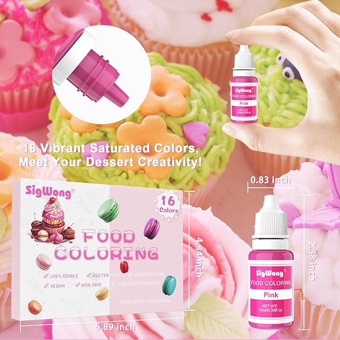 Food Coloring Liquid - 16 Colors Vibrant Food Coloring Set, Upgraded Tasteless Food Grade Food Dye for Cake Decorating, Baking, Cookies, Icing, Slime, Easter Egg, Fondant and DIY Crafts - 10ml Bottles