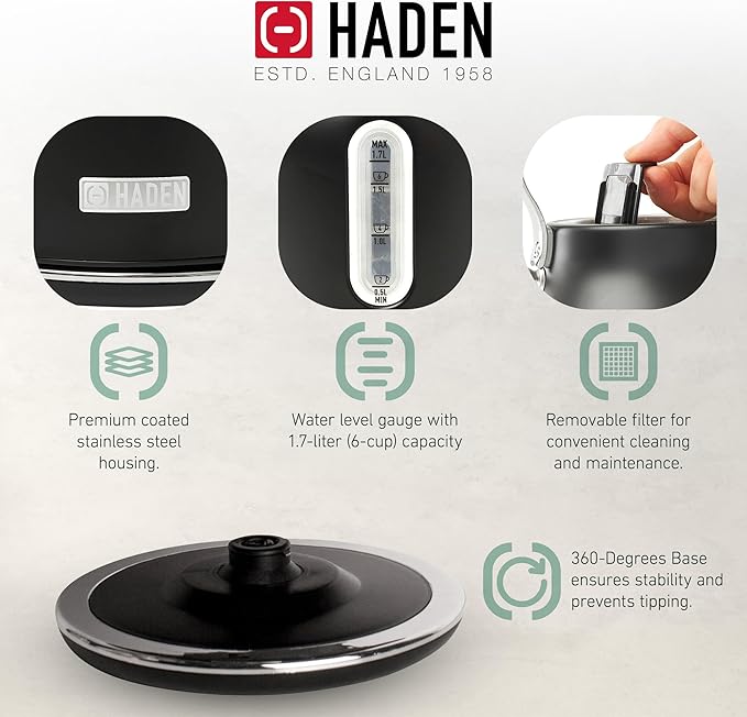 Haden Heritage 2 Slice Wide Slot Stainless Steel Toaster Bundled with 1.7 Liter Stainless Steel Electric Water Kettle, Black & Chrome