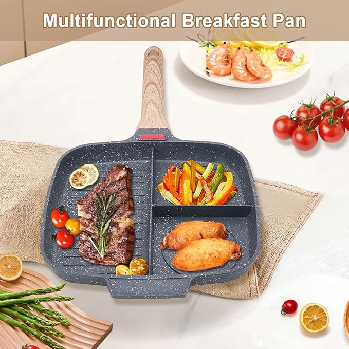 Sectional Skillet, Grill Pans for Stove Tops Nonstick 3 Section Breakfast Pan Meal Skillet Griddle Divided Pan, with Silicone Brush & Clip, 10.5”