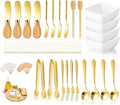 Charcuterie Board Accessories With 3 Oz Ceramic Dip Bowls, Wooden Handle Gold Cheese Spreader Butter Knive Set Kit, Mini Tongs, Spoons, Forks,Honey Dipper, Cocktail Picks