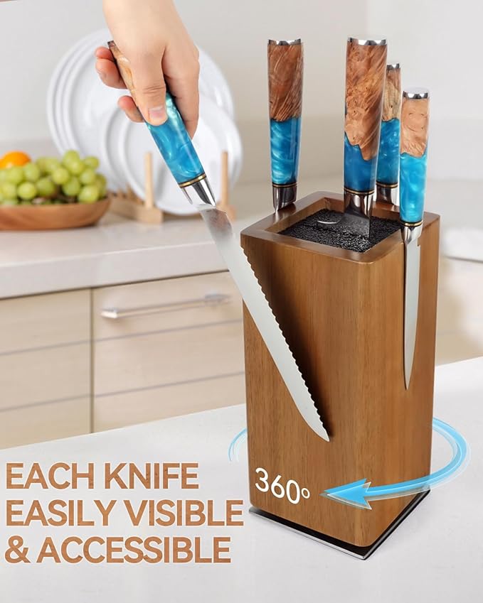 Magnetic Knife Block 360° Rotating Wood Universal Knife Holder with Four Side Ultra Strong Magnets, Knife Storage Rack with Removable Bristles, Multifunctional Storage for Kitchen Counter Top