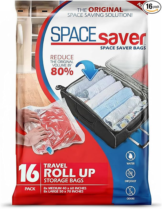Spacesaver 16 Pack Roll Up Vacuum Storage Bags for Blankets & Clothes - Vacuum Sealed Compression Bags with Hand Pump - Space Saver Storage Bag for Bedding, Moving, Travel & Organization (8S & 8M)