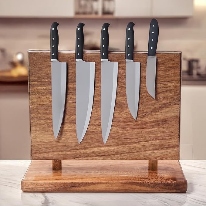 Magnetic Knife Holder, Double Sided Magnetic Knife Block, Without Knives, Wooden Universal Knife Stand, Strong Enhanced Magnets, Knife Display Rack for Kitchen Organizer