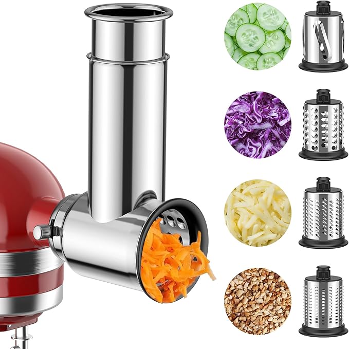 Stainless Steel Slicer Shredder & Cheese Grater Attachment for Kitchenaid Stnad Mixer - 4 Blades Salad Maker with Grinding Powder Function by FGREEBLE
