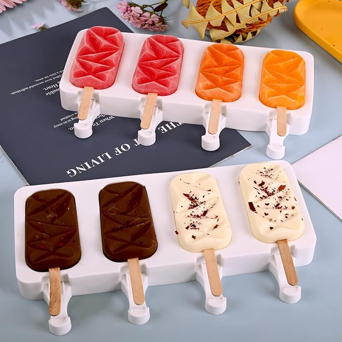 Sakolla 2 Pack Silicone Popsicle Molds, 4 Cavities Diamond Ice Cream Molds with 50 Wooden Sticks for Ice pop, Cake Pop, Cakesicles (White)
