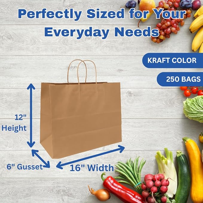 ASSUREPAK DIY Paper Bag - 250 units - Kraft Color - 16"x6"x12" - 74LB (110 GSM strong) Twisted Handle - Recyclable Food & Supermarket Bags for Decorating & Branding - 16612NKPAPTHDL