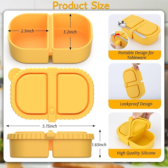 4 Pack Silicone Snack Containers with Lids, Double Compartment Snack Containers for Sauce, Reusable Silicone Food Storage Box for School Lunch Office Travel