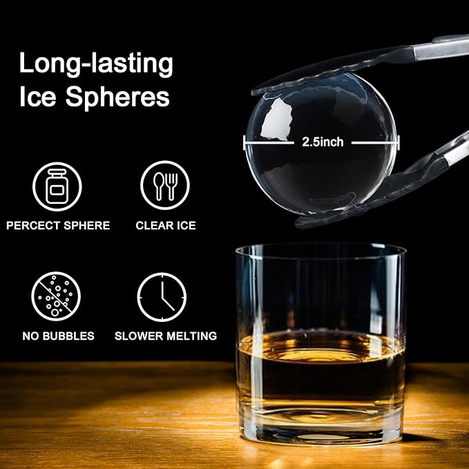 Clear Ice Cube Maker, 2.5 Inch Stainless Steel Crystal Large Clear Ice Ball Maker, Silicone Ice Cube Mold for Cocktails, Drinks & Bourbon, Whiskey Gifts for Men (2 Pack)