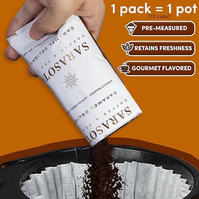 Sarasota Coffee Ground Packets | Gourmet Flavored Medium Roast Bulk Coffee Packs | Salted Caramel | Low Acid Mold Free Singles Individual Pouches for 12 Cups Maker | 2.5 Ounce Bags, 36 Count