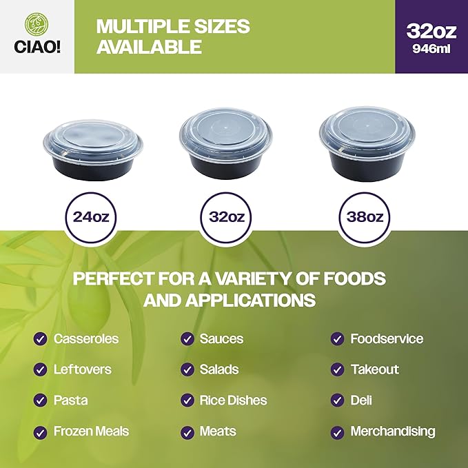 CIAO! Heavy Weight 32oz Injection Molded Microwavable Black Round Food Container with Lid (150/case)