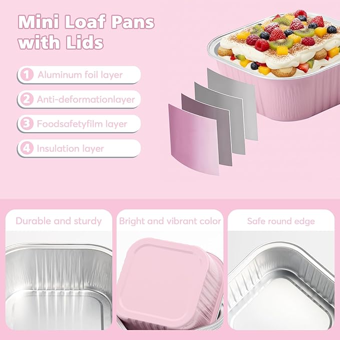 Ruckae 5oz 100 Pcs Square Mini Loaf Pans with Lids-Disposable Foil Dessert Containers,Mini Cake Pans with Lids,Aluminum Dessert Cups for Parties and Weddings (Pink, 5oz)