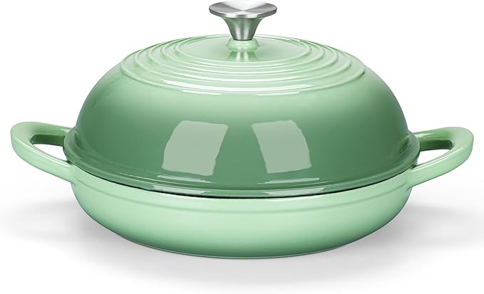 E-far Dutch Oven for Sourdough Bread Baking, 6 Qt Round Enameled Cast Iron Dutch Oven for Homemade Artisan Bread, Dome Lid & Shallow Base, Matte Black Interior & Durable, Oven-Safe to 500℉, Green