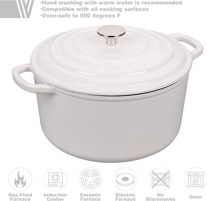 Enameled Cast Iron Dutch Oven Pot with Lid, for Sourdough Bread Baking, Round Dutch Ovens, 6 Quart, White