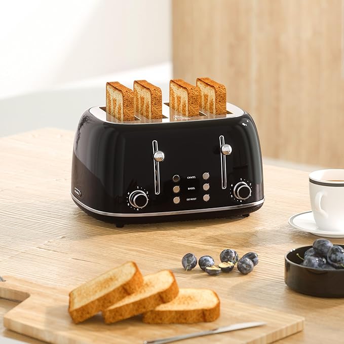 Toaster 4 Slice, Retro Stainless Toaster with 6 Bread Shade Settings,1.5''Wide Slots with Cancel/Defrost/Reheat Functions,Dual Independent Control Panel, Removal Crumb Tray (Black)