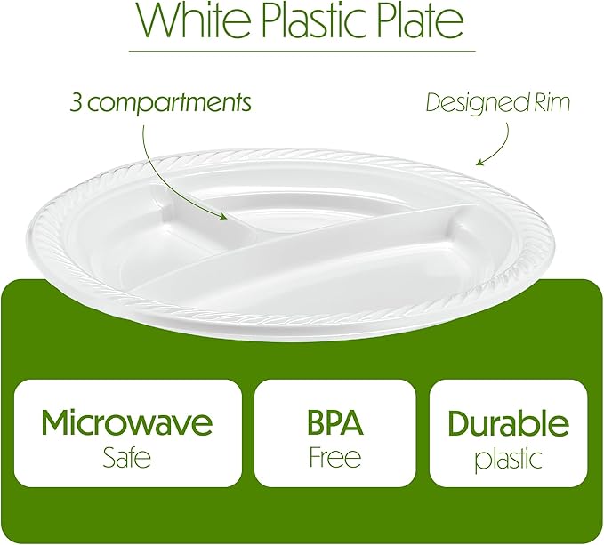 PLASTICPRO 9 inch Round Plastic Plates 3 Compartment - 3 Section Plates Microwaveable, Disposable, White, Dinnerware 200 Count