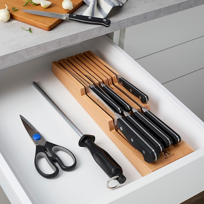 HENCKELS Classic Razor-Sharp 11-Piece Knife Block Set, Chef Knife, Bread Knife, Carving Fork and Knife, German Engineered Informed by 100+ Years of Mastery, Natural In-Drawer Block
