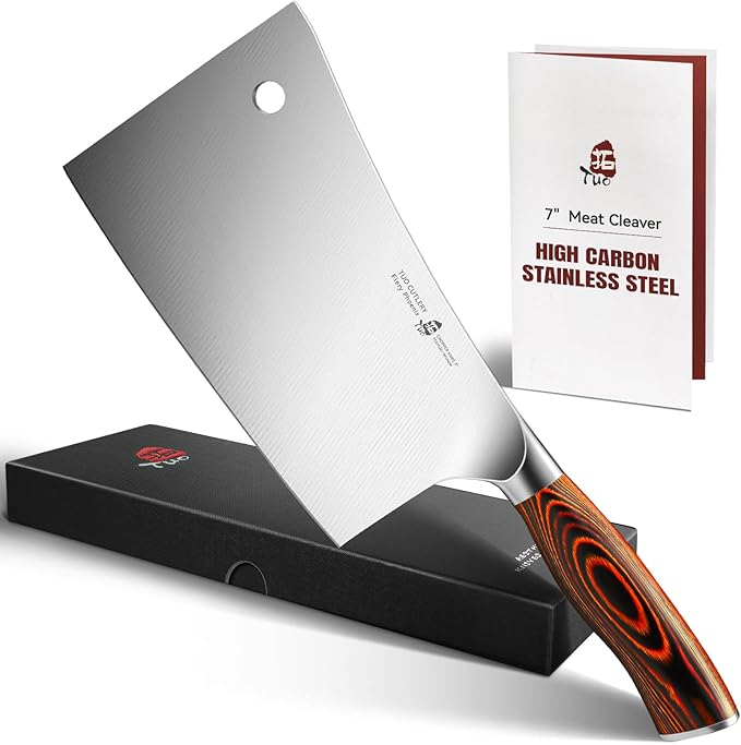 TUO Meat Cleaver, 7 inch Heavy Duty Bone Chopper, High Carbon German Stainless Steel Butcher Knife, Pakkawood Handle Kitchen Chopping Knife with Gift Box - Fiery Phoenix Series