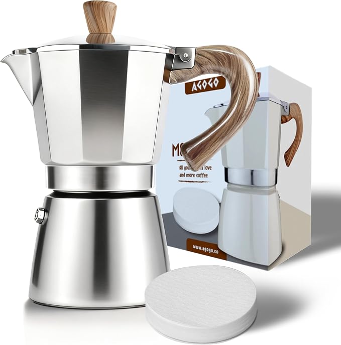 AGOGO Milano Moka Pot, Stovetop Espresso Maker, Greca, Coffee Percolator, Turkish Coffee Maker with Paper Filter 6 Cup Original Silver