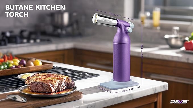 RAVS Dual Flame Butane Torch Lighter with 20G Large Capacity, Adjustable Flame, Refillable Kitchen Torch for Creme Brulee, BBQ, Baking, Purple Cooking Torch Gifts for Women Unique, Butane Not Included