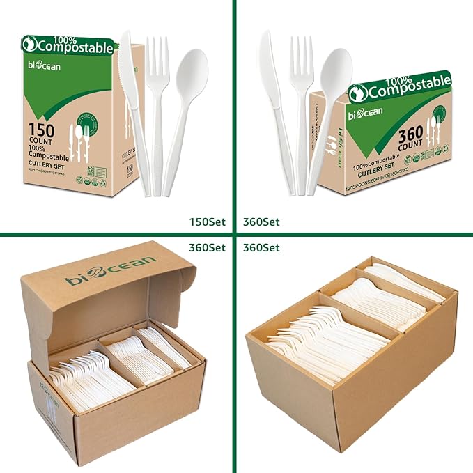 100%Compostable No Plastic Knives Forks Plastic Spoons Disposable Utensils, The Heavyweight Heavy Duty Flatware is Eco Friendly Products for Lounge Party Wedding BBQ Picnic Camping [360 Count]