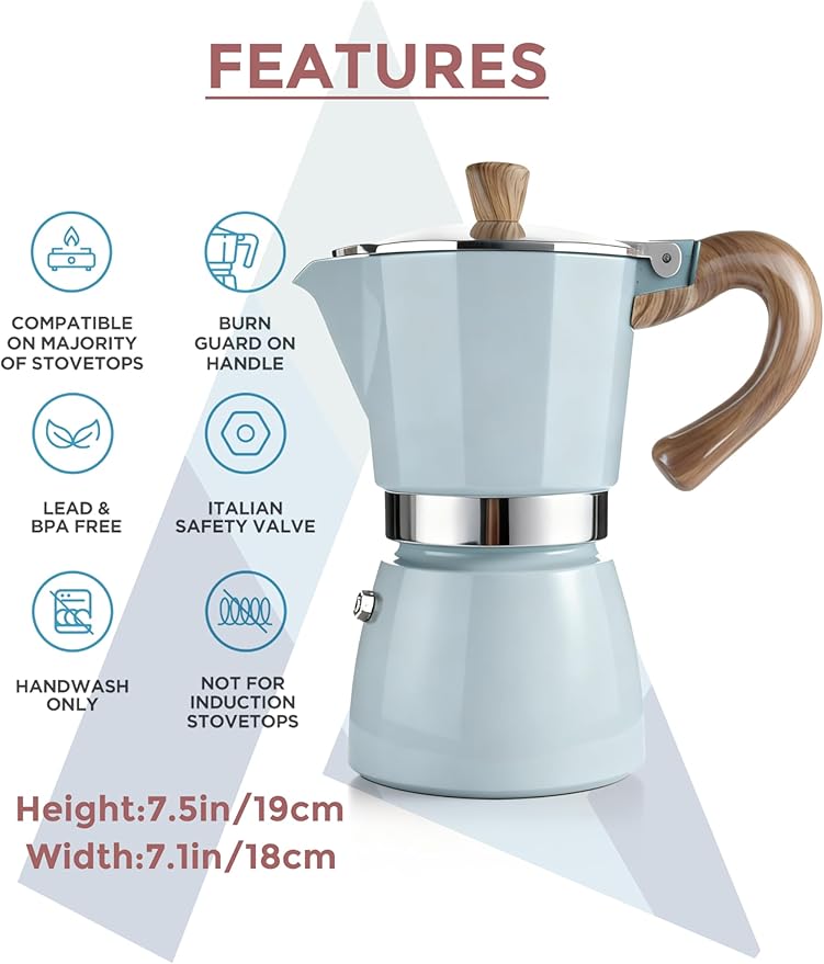 AGOGO Milano Moka Pot, Stovetop Espresso Maker, Greca, Coffee Percolator, Turkish Coffee Maker with Paper Filter 6 Cup Lake Blue