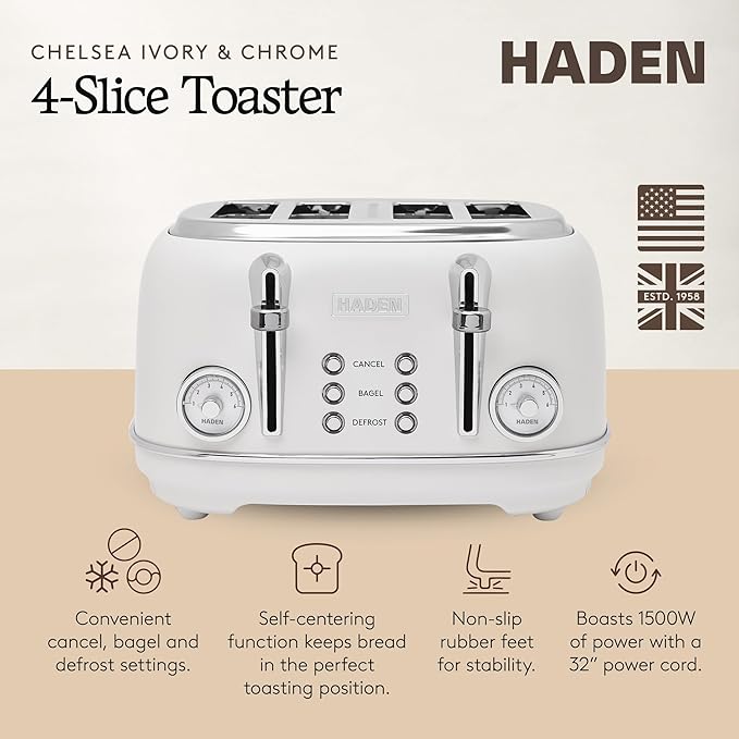 Haden Chelsea 4 Slice Wide Slot Toaster with Adjustable Browning Control, Ivory & Chrome