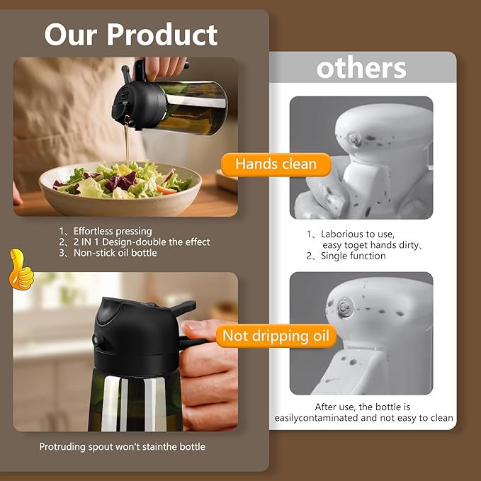 Olive Oil Dispenser and Oil Sprayer – 16oz/470ml Glass Light-Proof Oil Pourer for Kitchen, Air Fryer, Cooking, Salad, and BBQ